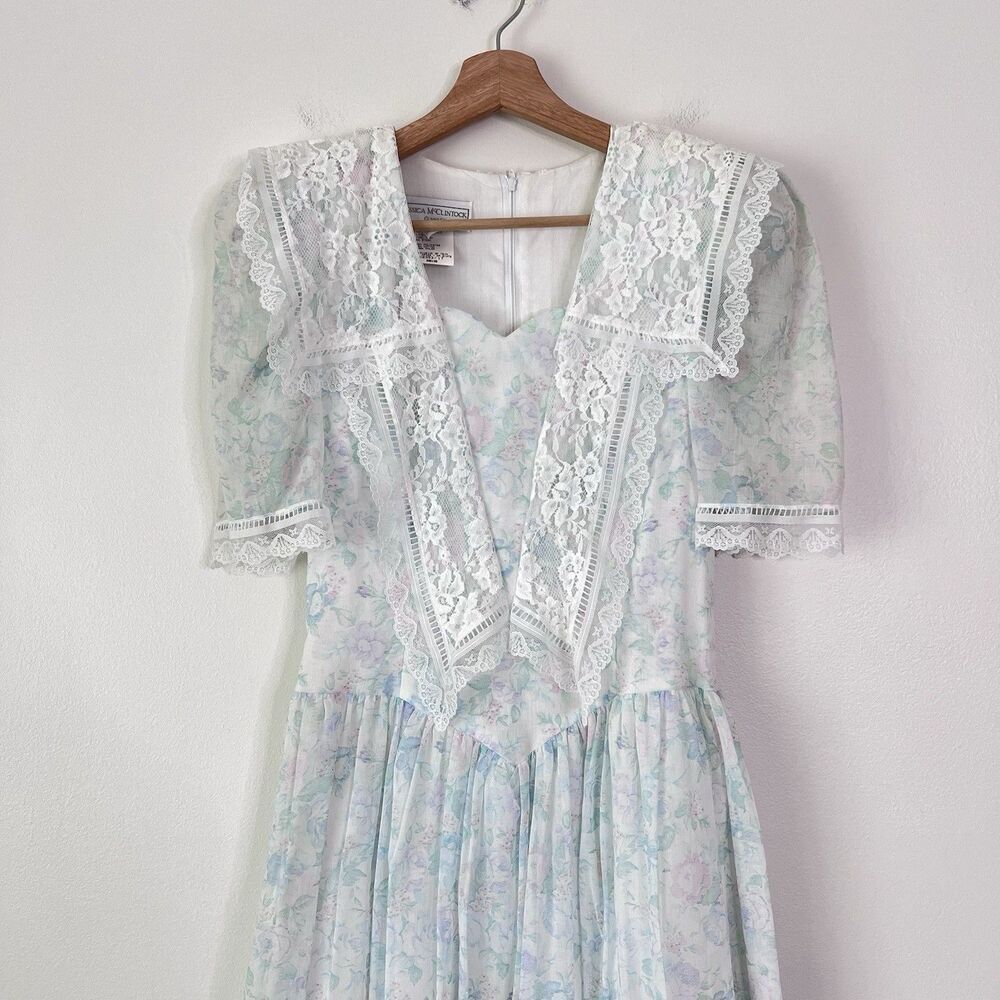 Vintage 80s Gunne Sax Jessica McClintock Pastel Floral Prairie Cottagecore Dress - Picture 3 of 14